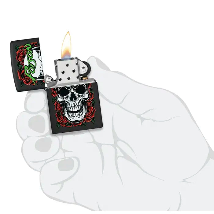 Zippo - Poison "Skull with Roses" Motiv - Black Matte Lighter