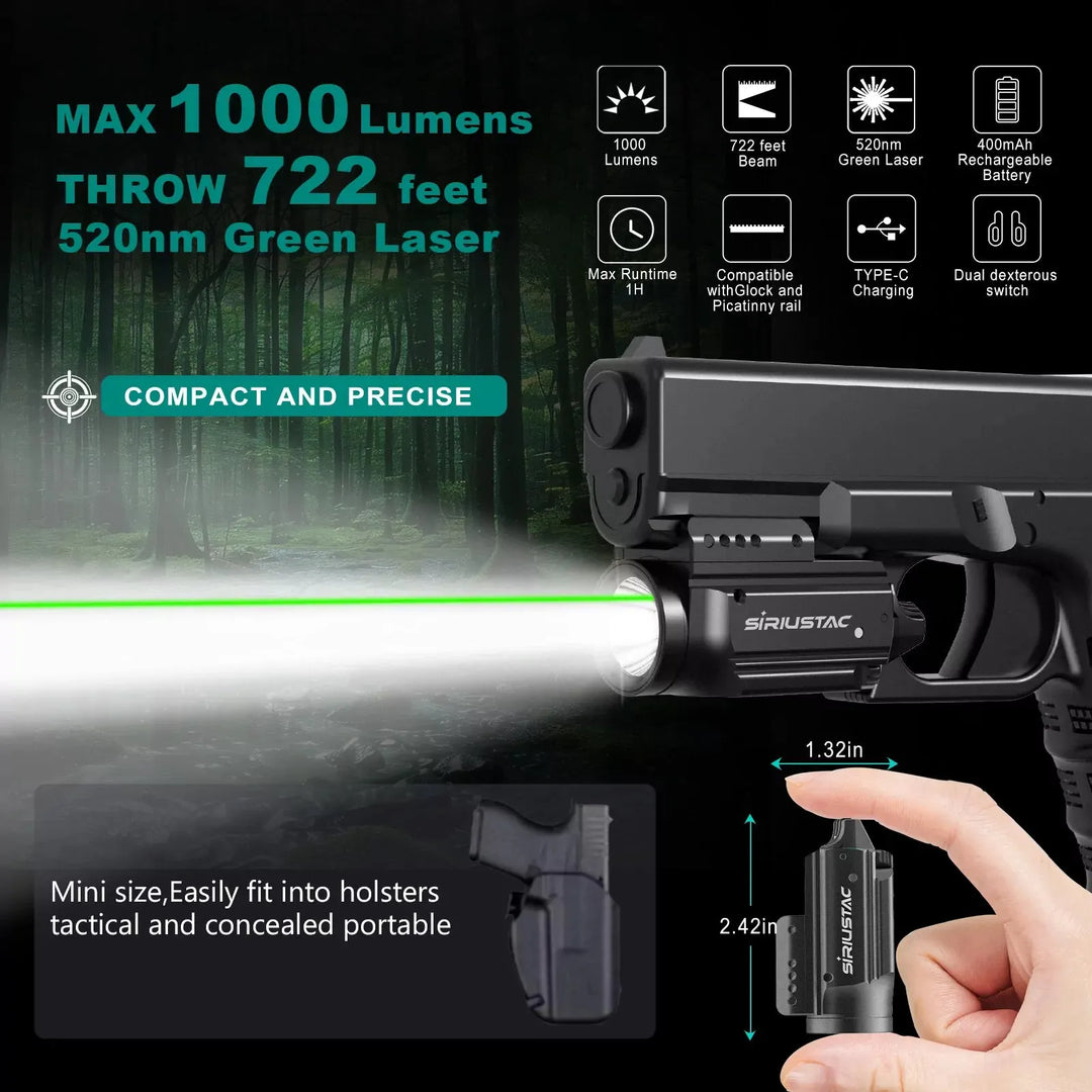 Micro Grønn Laser og Lykt (1000 Lumen) til Våpen - 21mm Rail - Oppladbar - Game-On.no